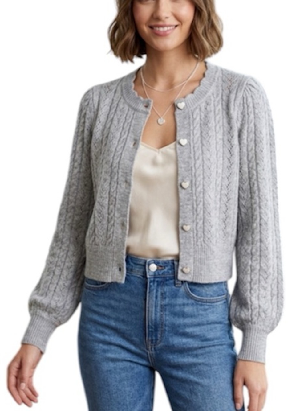 CeCe Light Gray Cable Knit Boxy Cardigan
